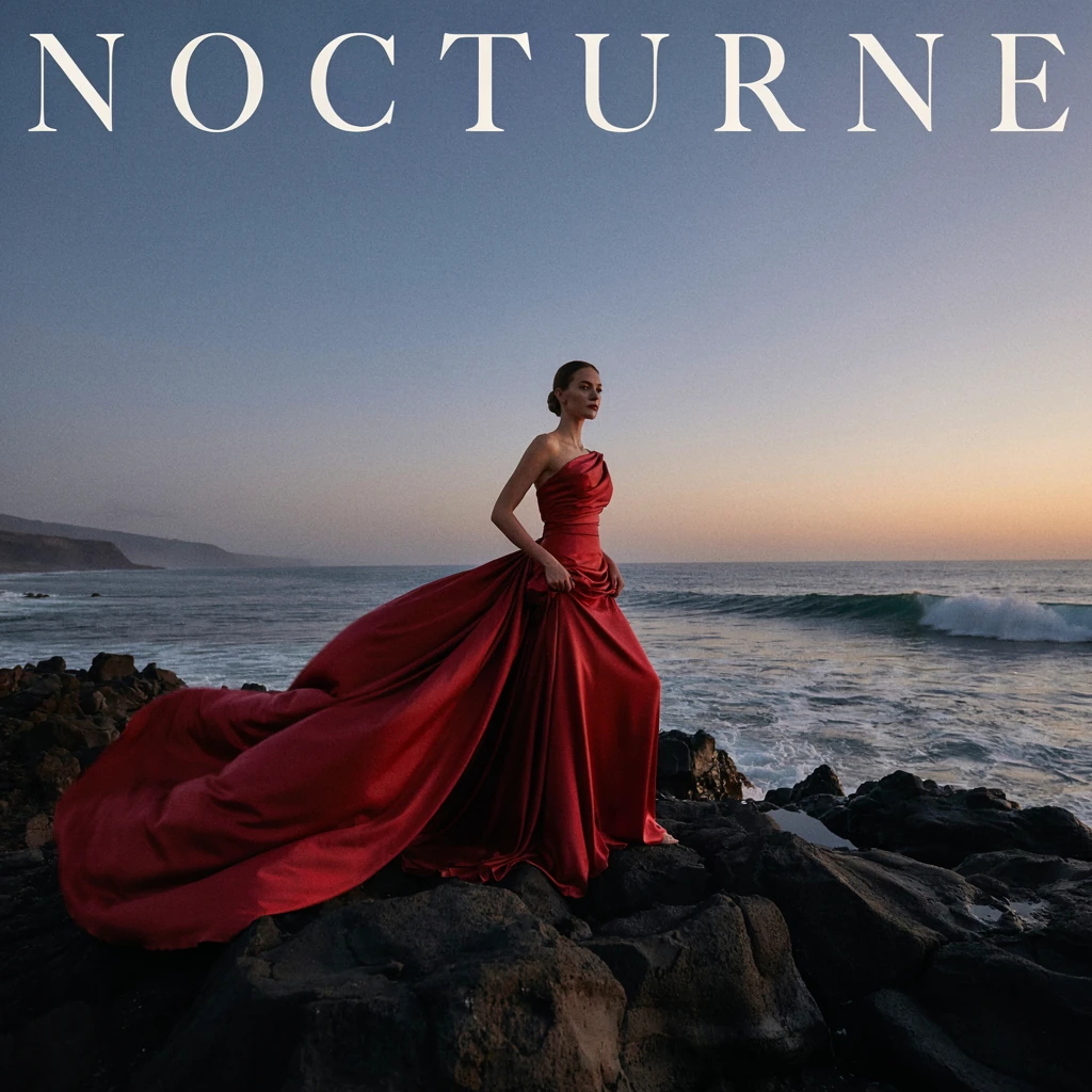 NOCTURNE — Create a square luxury fashion campaign photograph with cinematic scale. One adult female fashion model, age 28, full body, wearing an architectural crimson silk couture gown with an immense flowing train caught by the wind. She stands on b…