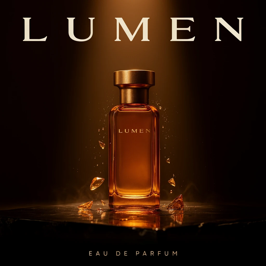 LUMEN
EAU DE PARFUM — Create a square cinematic luxury perfume advertisement. Hero object: one impeccably designed amber glass perfume bottle with a sculptural brushed-gold cap, standing on a wet polished obsidian slab. The bottle label reads exactly LUMEN. An a…