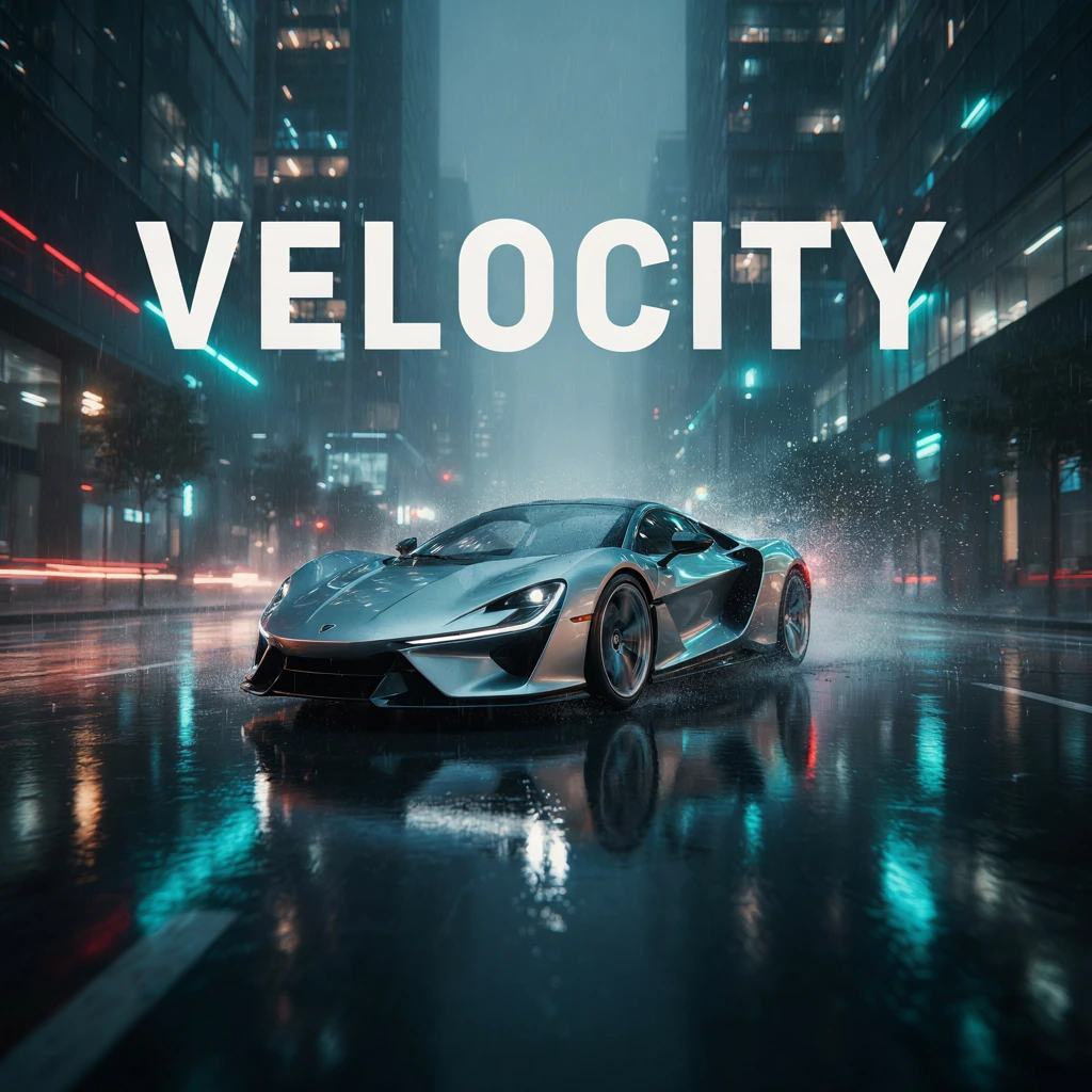 VELOCITY — Create a square cinematic automotive campaign photograph. A stunning unbranded silver concept sports car with sculptural aerodynamic bodywork races through a rain-soaked modern city at night. Low front three-quarter camera angle, the car fi…