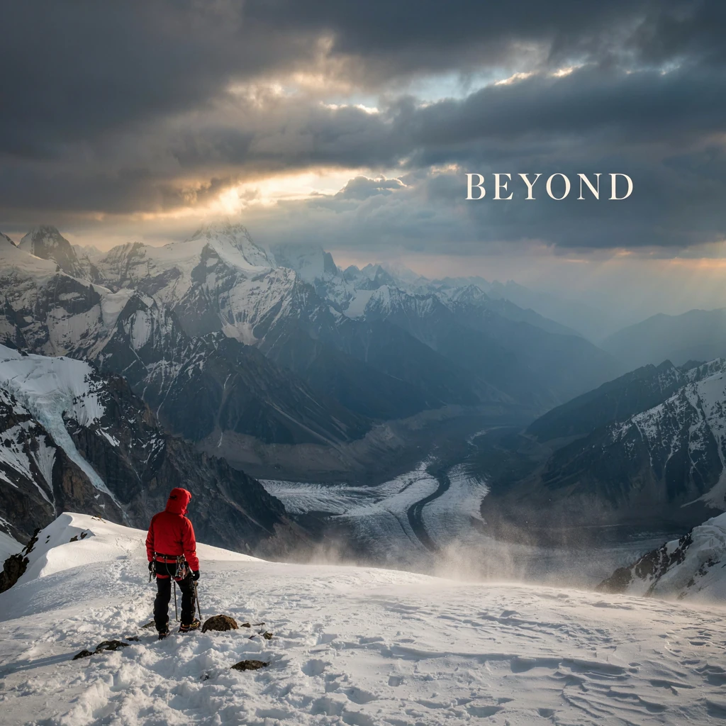 BEYOND — Create a square epic expedition film poster with spectacular cinematic scale. A tiny adult mountaineer in a vivid red technical jacket stands on a sharp snowy ridge in the lower foreground, looking toward enormous jagged Himalayan-style pea…