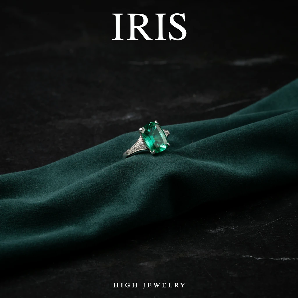 IRIS
HIGH JEWELRY — Create a square luxury high-jewelry campaign macro photograph. One extraordinary platinum ring with a large emerald-cut vivid green emerald and fine white diamond shoulders sits on a sculptural dark green velvet fold over black stone. A nar…