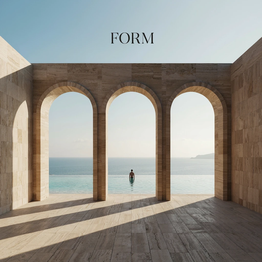 FORM — Create a square cinematic architectural editorial photograph of an extraordinary coastal concrete pavilion. Monumental warm travertine arches and precise brutalist planes frame a turquoise infinity pool and the open ocean. Late-afternoon su…